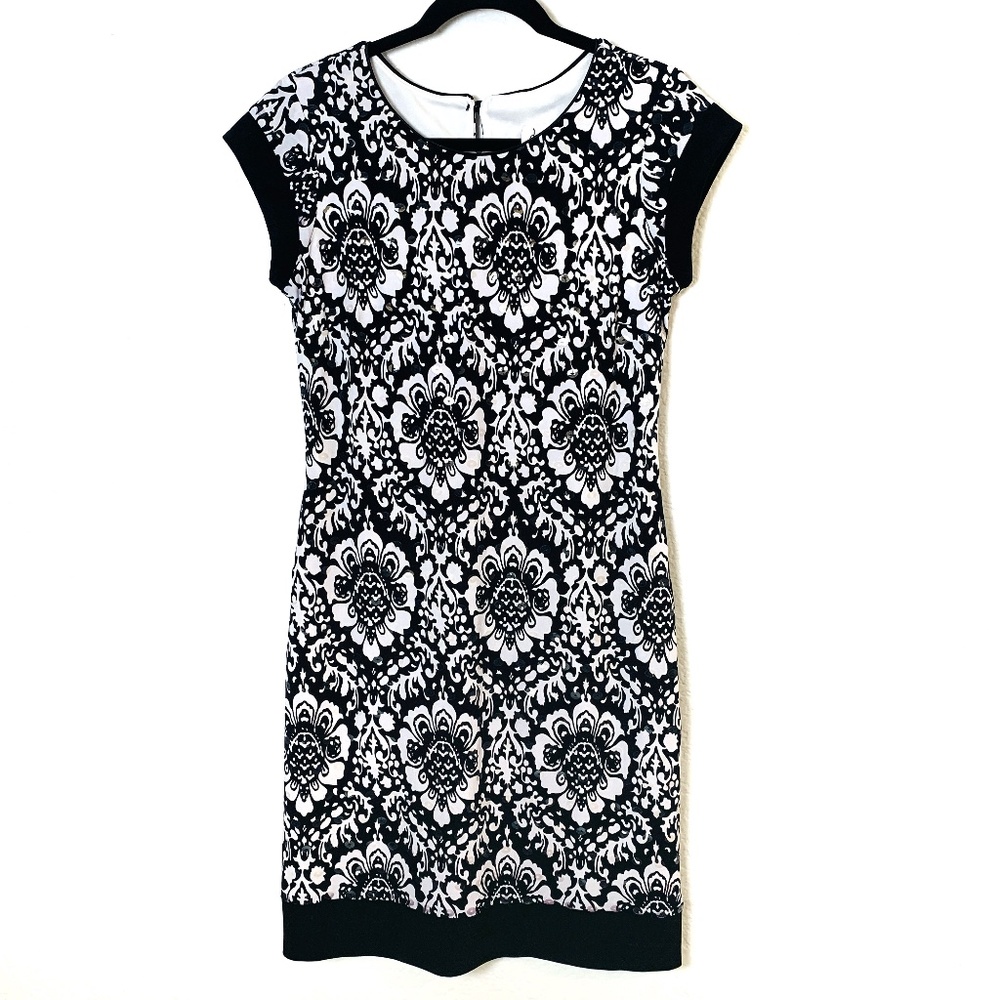 Joseph Ribkoff Damask Print Dress Size 8 Black White Sequins Body Con